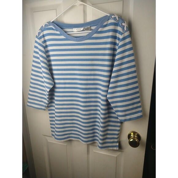 Kenneth Too Woman L Blue White Nautical Striped 3/4 Sleeve Lace Shoulder Casual - Picture 2 of 8